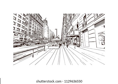 The Puerta del Sol is a public square in Madrid, Spain one of the best known and busiest places in the city. Hand drawn sketch illustration in vector.