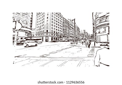 The Puerta del Sol is a public square in Madrid, Spain one of the best known and busiest places in the city. Hand drawn sketch illustration in vector.