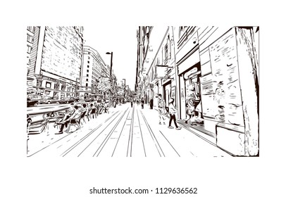 The Puerta del Sol is a public square in Madrid, Spain one of the best known and busiest places in the city. Hand drawn sketch illustration in vector.