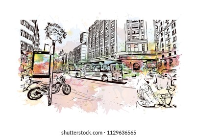 The Puerta del Sol is a public square in Madrid, Spain one of the best known and busiest places in the city. Watercolor splash with Hand drawn sketch illustration in vector.