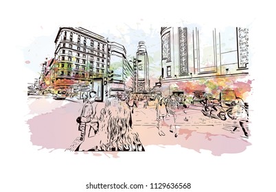 The Puerta del Sol is a public square in Madrid, Spain one of the best known and busiest places in the city. Watercolor splash with Hand drawn sketch illustration in vector.