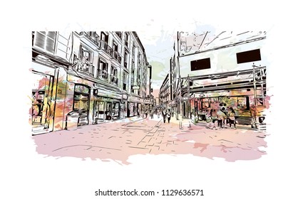 The Puerta del Sol is a public square in Madrid, Spain one of the best known and busiest places in the city. Watercolor splash with Hand drawn sketch illustration in vector.