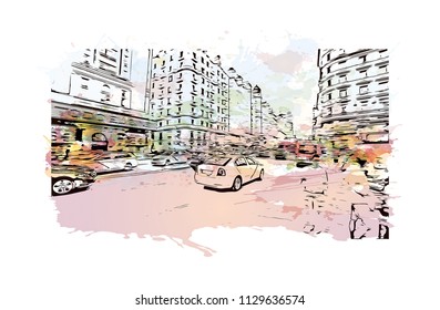 The Puerta del Sol is a public square in Madrid, Spain one of the best known and busiest places in the city. Watercolor splash with Hand drawn sketch illustration in vector.