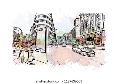 The Puerta del Sol is a public square in Madrid, Spain one of the best known and busiest places in the city. Watercolor splash with Hand drawn sketch illustration in vector.