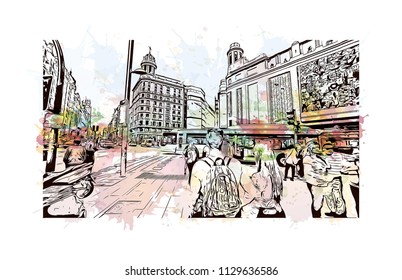 The Puerta del Sol is a public square in Madrid, Spain one of the best known and busiest places in the city. Watercolor splash with Hand drawn sketch illustration in vector.