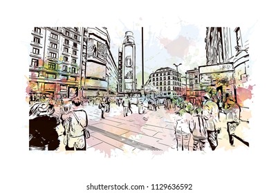 The Puerta del Sol is a public square in Madrid, Spain one of the best known and busiest places in the city. Watercolor splash with Hand drawn sketch illustration in vector.