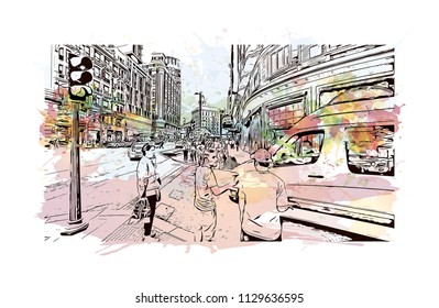 The Puerta del Sol is a public square in Madrid, Spain one of the best known and busiest places in the city. Watercolor splash with Hand drawn sketch illustration in vector.