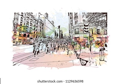 The Puerta del Sol is a public square in Madrid, Spain one of the best known and busiest places in the city. Watercolor splash with Hand drawn sketch illustration in vector.