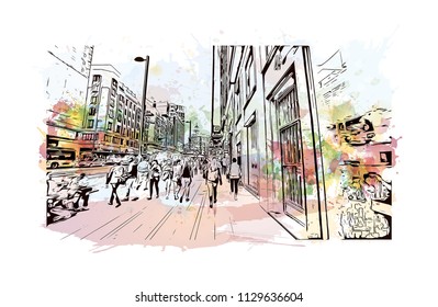 The Puerta del Sol is a public square in Madrid, Spain one of the best known and busiest places in the city. Watercolor splash with Hand drawn sketch illustration in vector.