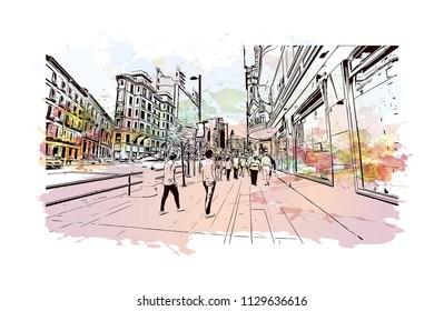 The Puerta del Sol is a public square in Madrid, Spain one of the best known and busiest places in the city. Watercolor splash with Hand drawn sketch illustration in vector.