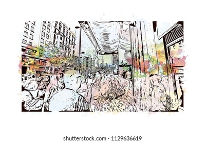 The Puerta del Sol is a public square in Madrid, Spain one of the best known and busiest places in the city. Watercolor splash with Hand drawn sketch illustration in vector.