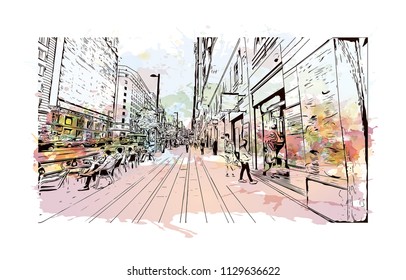 The Puerta del Sol is a public square in Madrid, Spain one of the best known and busiest places in the city. Watercolor splash with Hand drawn sketch illustration in vector.