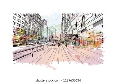 The Puerta del Sol is a public square in Madrid, Spain one of the best known and busiest places in the city. Watercolor splash with Hand drawn sketch illustration in vector.