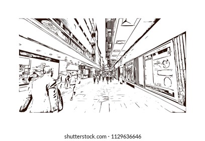The Puerta del Sol is a public square in Madrid, Spain one of the best known and busiest places in the city. Hand drawn sketch illustration in vector.
