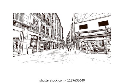 The Puerta del Sol is a public square in Madrid, Spain one of the best known and busiest places in the city. Hand drawn sketch illustration in vector.