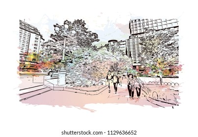 The Puerta del Sol is a public square in Madrid, Spain one of the best known and busiest places in the city. Watercolor splash with Hand drawn sketch illustration in vector.