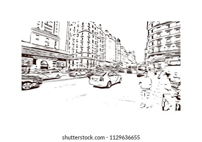 The Puerta del Sol is a public square in Madrid, Spain one of the best known and busiest places in the city. Hand drawn sketch illustration in vector.