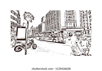 The Puerta del Sol is a public square in Madrid, Spain one of the best known and busiest places in the city. Hand drawn sketch illustration in vector.