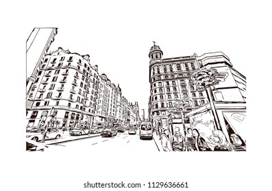 The Puerta del Sol is a public square in Madrid, Spain one of the best known and busiest places in the city. Hand drawn sketch illustration in vector.