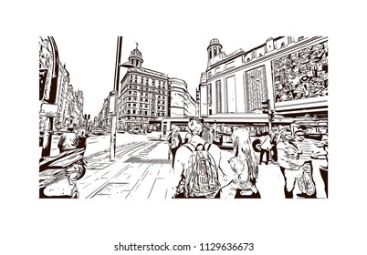 The Puerta del Sol is a public square in Madrid, Spain one of the best known and busiest places in the city. Hand drawn sketch illustration in vector.