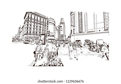 The Puerta del Sol is a public square in Madrid, Spain one of the best known and busiest places in the city. Hand drawn sketch illustration in vector.