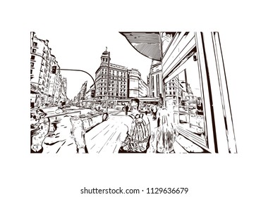 The Puerta del Sol is a public square in Madrid, Spain one of the best known and busiest places in the city. Hand drawn sketch illustration in vector.