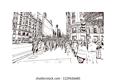 The Puerta del Sol is a public square in Madrid, Spain one of the best known and busiest places in the city. Hand drawn sketch illustration in vector.