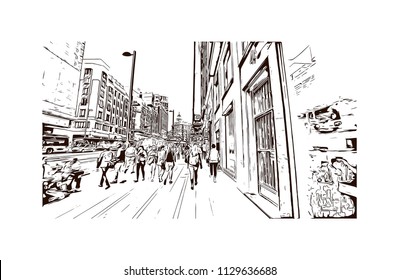 The Puerta del Sol is a public square in Madrid, Spain one of the best known and busiest places in the city. Hand drawn sketch illustration in vector.