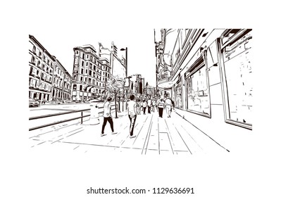 The Puerta del Sol is a public square in Madrid, Spain one of the best known and busiest places in the city. Hand drawn sketch illustration in vector.