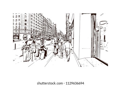 The Puerta del Sol is a public square in Madrid, Spain one of the best known and busiest places in the city. Hand drawn sketch illustration in vector.