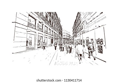 The Puerta del Sol is a public square Plaza in Madrid, Spain. One of the best known and busiest places in the city. Hand drawn sketch illustration in vector.