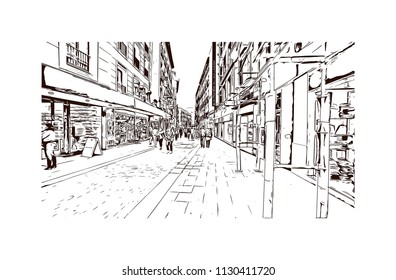 The Puerta del Sol is a public square Plaza in Madrid, Spain. One of the best known and busiest places in the city. Hand drawn sketch illustration in vector.