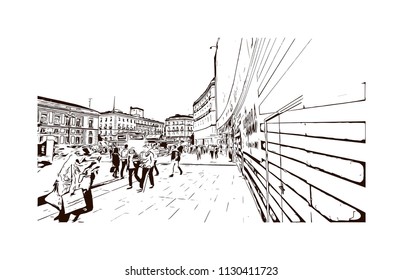 The Puerta del Sol is a public square Plaza in Madrid, Spain. One of the best known and busiest places in the city. Hand drawn sketch illustration in vector.