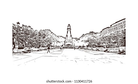 The Puerta del Sol is a public square Plaza in Madrid, Spain. One of the best known and busiest places in the city. Hand drawn sketch illustration in vector.