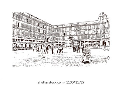 The Puerta del Sol is a public square Plaza in Madrid, Spain. One of the best known and busiest places in the city. Hand drawn sketch illustration in vector.