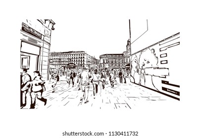 The Puerta del Sol is a public square Plaza in Madrid, Spain. One of the best known and busiest places in the city. Hand drawn sketch illustration in vector.