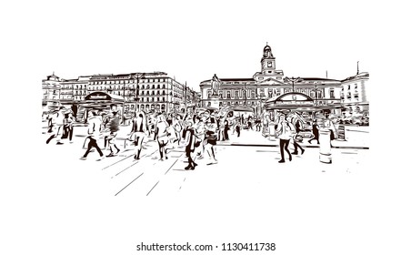 The Puerta del Sol is a public square Plaza in Madrid, Spain. One of the best known and busiest places in the city. Hand drawn sketch illustration in vector.