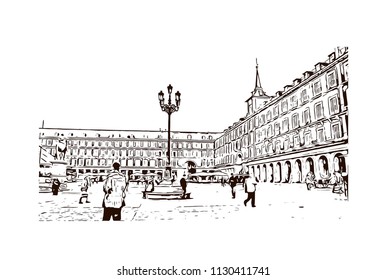 The Puerta del Sol is a public square Plaza in Madrid, Spain. One of the best known and busiest places in the city. Hand drawn sketch illustration in vector.