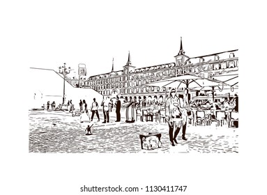 The Puerta del Sol is a public square Plaza in Madrid, Spain. One of the best known and busiest places in the city. Hand drawn sketch illustration in vector.