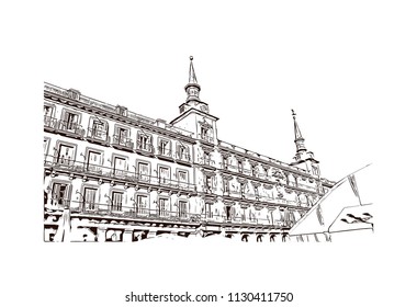 The Puerta del Sol is a public square Plaza in Madrid, Spain. One of the best known and busiest places in the city. Hand drawn sketch illustration in vector.