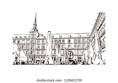 The Puerta del Sol is a public square Plaza in Madrid, Spain. One of the best known and busiest places in the city. Hand drawn sketch illustration in vector.