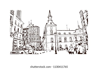 The Puerta del Sol is a public square Plaza in Madrid, Spain. One of the best known and busiest places in the city. Hand drawn sketch illustration in vector.