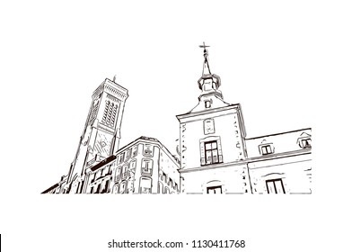 The Puerta del Sol is a public square Plaza in Madrid, Spain. One of the best known and busiest places in the city. Hand drawn sketch illustration in vector.