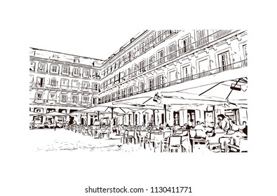 The Puerta del Sol is a public square Plaza in Madrid, Spain. One of the best known and busiest places in the city. Hand drawn sketch illustration in vector.