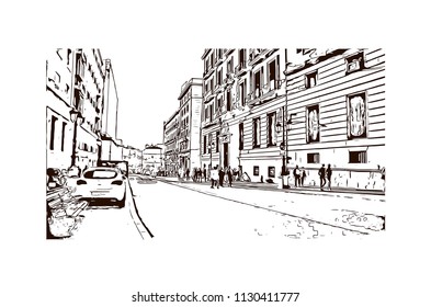 The Puerta del Sol is a public square Plaza in Madrid, Spain. One of the best known and busiest places in the city. Hand drawn sketch illustration in vector.