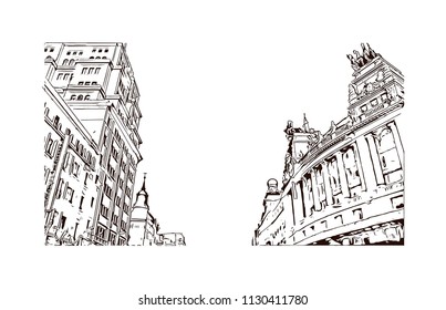 The Puerta del Sol is a public square Plaza in Madrid, Spain. One of the best known and busiest places in the city. Hand drawn sketch illustration in vector.