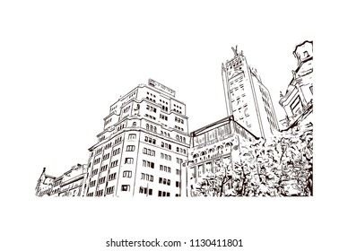 The Puerta del Sol is a public square Plaza in Madrid, Spain. One of the best known and busiest places in the city. Hand drawn sketch illustration in vector.