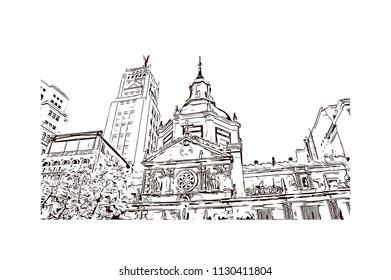 The Puerta del Sol is a public square Plaza in Madrid, Spain. One of the best known and busiest places in the city. Hand drawn sketch illustration in vector.