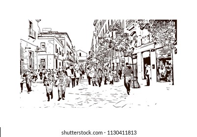 The Puerta del Sol is a public square Plaza in Madrid, Spain. One of the best known and busiest places in the city. Hand drawn sketch illustration in vector.