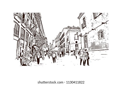 The Puerta del Sol is a public square Plaza in Madrid, Spain. One of the best known and busiest places in the city. Hand drawn sketch illustration in vector.